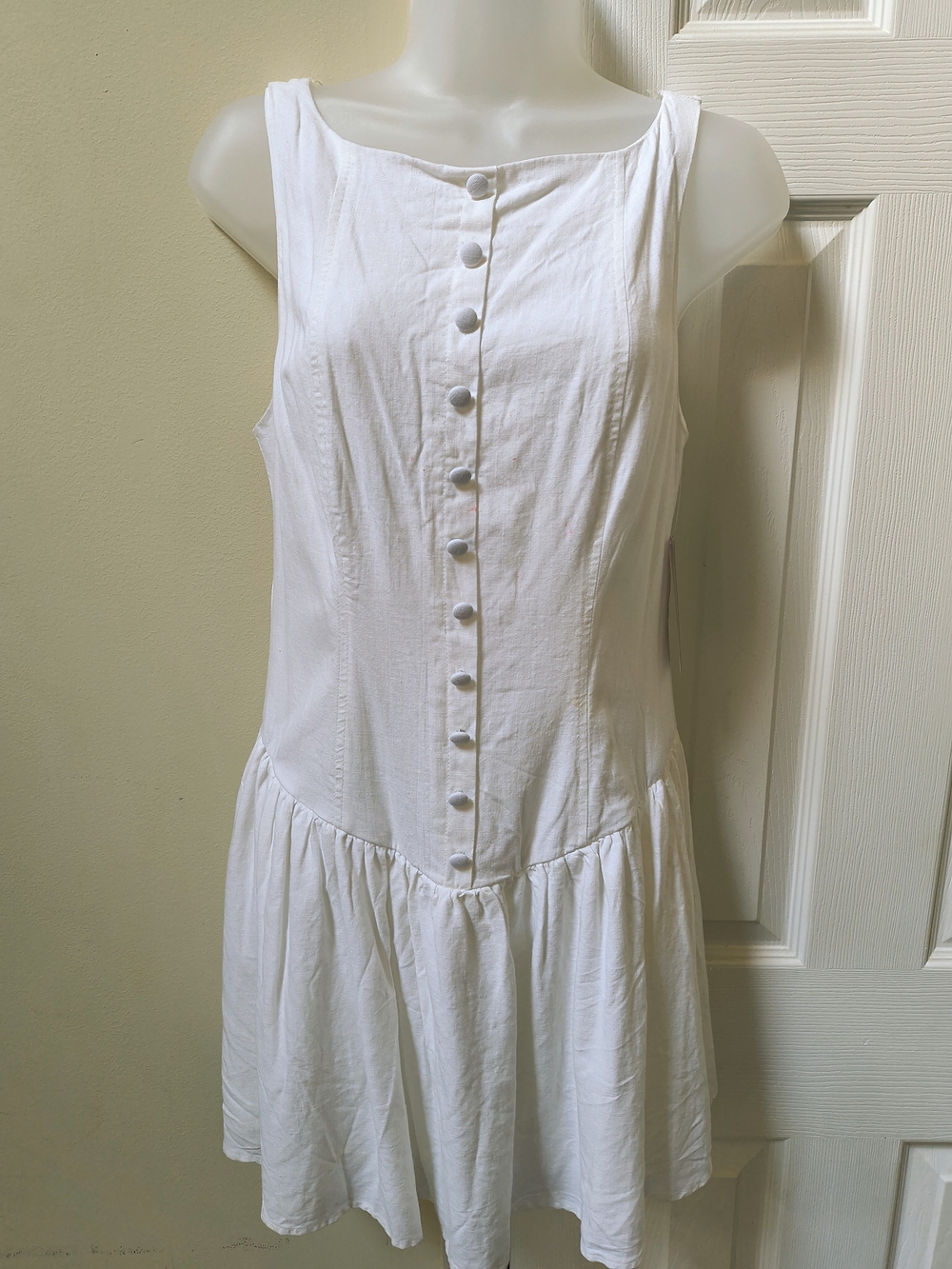 White Sleeveless Button-Front Drop-Waist Dress